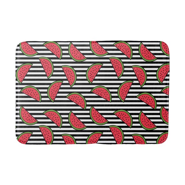 Watermelon on Black & White Stripes Pattern Bath Mat (Front)