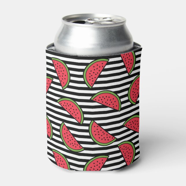 Watermelon on Black & White Stripes Pattern Can Cooler (Can Front)