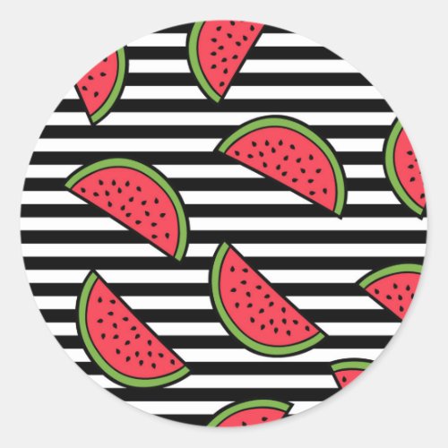 Watermelon on Black  White Stripes Pattern Classic Round Sticker
