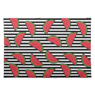 Watermelon on Black & White Stripes Pattern Cloth Placemat