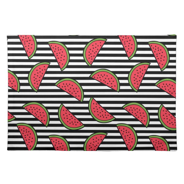 Watermelon on Black & White Stripes Pattern Cloth Placemat (Front)
