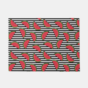 Watermelon on Black & White Stripes Pattern Doormat