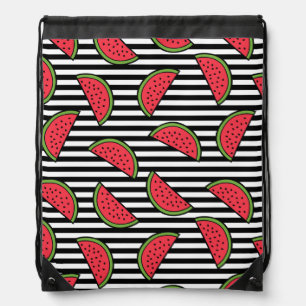 Watermelon on Black & White Stripes Pattern Drawstring Bag