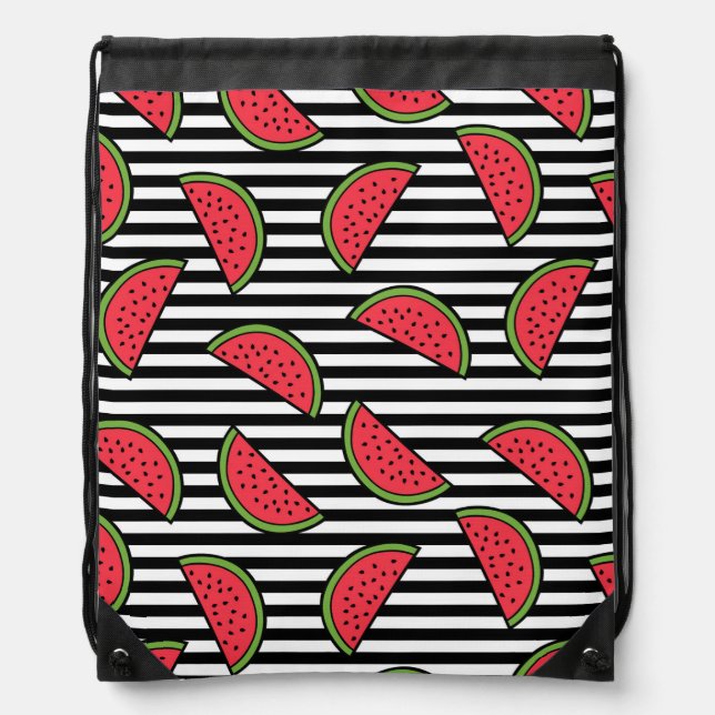 Watermelon on Black & White Stripes Pattern Drawstring Bag (Front)