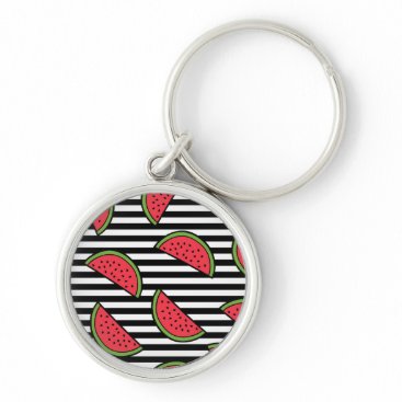 Watermelon on Black & White Stripes Pattern Keychain Watermelon on Black & White Stripes Pattern Keychain