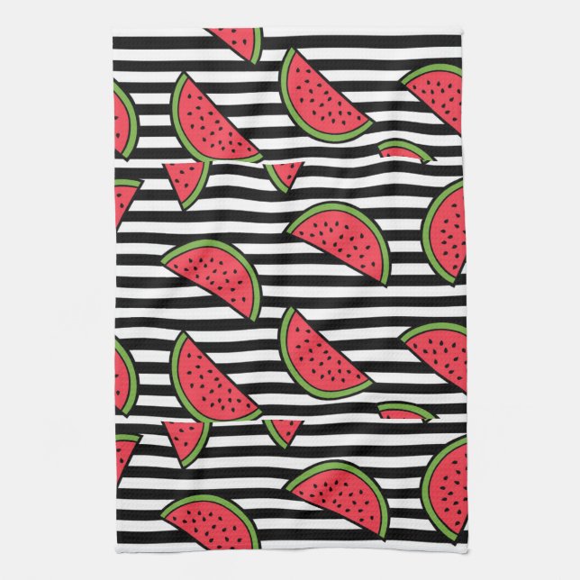 Watermelon on Black & White Stripes Pattern Kitchen Towel (Vertical)