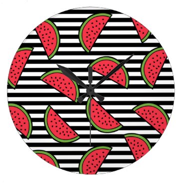 Watermelon on Black & White Stripes Pattern Large Clock Watermelon on Black & White Stripes Pattern Large Clock