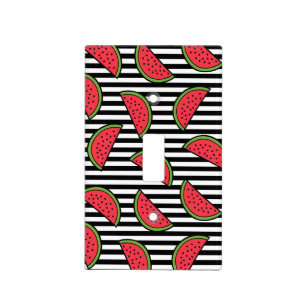 Watermelon on Black & White Stripes Pattern Light Switch Cover