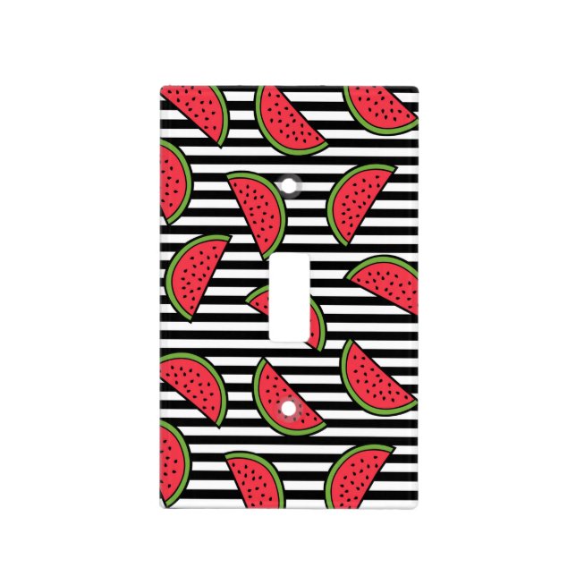 Watermelon on Black & White Stripes Pattern Light Switch Cover (Front)