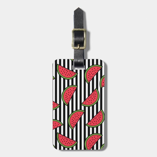 Watermelon on Black & White Stripes Pattern Luggage Tag (Front Vertical)