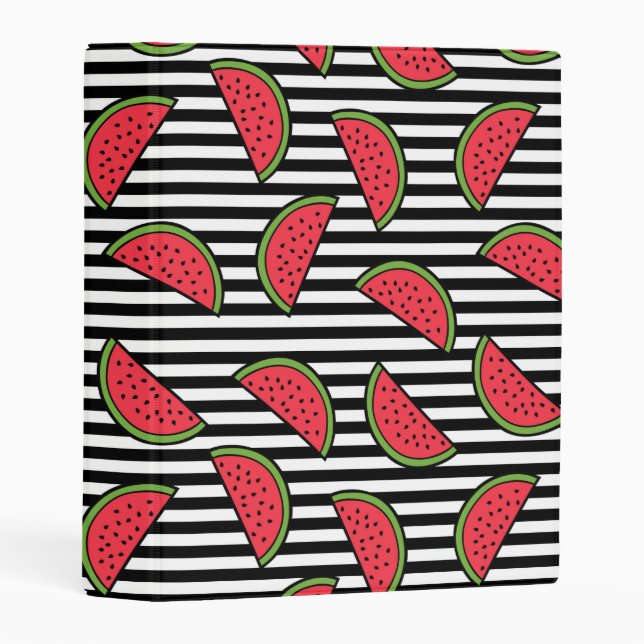 Watermelon on Black & White Stripes Pattern Mini Binder (Front/Spine)