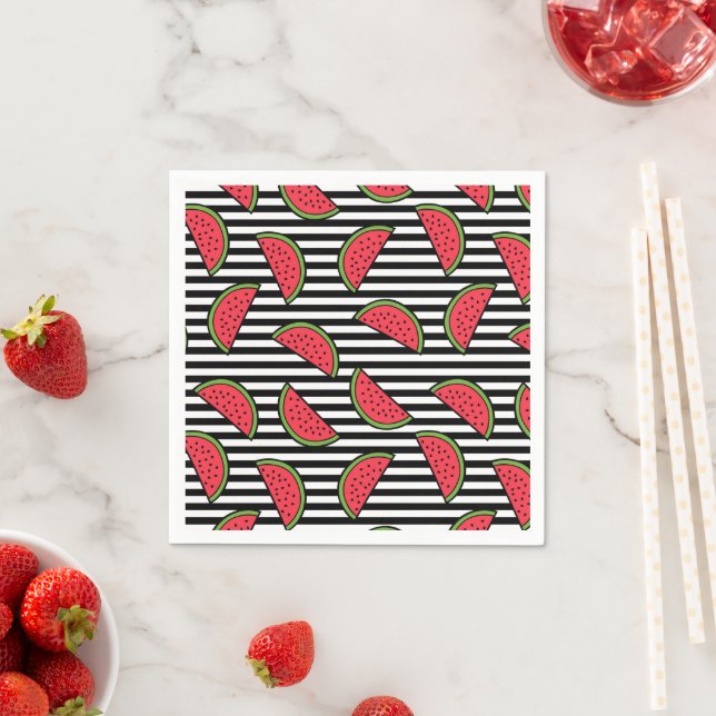 Watermelon on Black & White Stripes Pattern Napkins (Insitu)