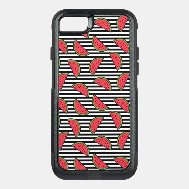 Watermelon on Black & White Stripes Pattern Otterbox iPhone Case (Back)