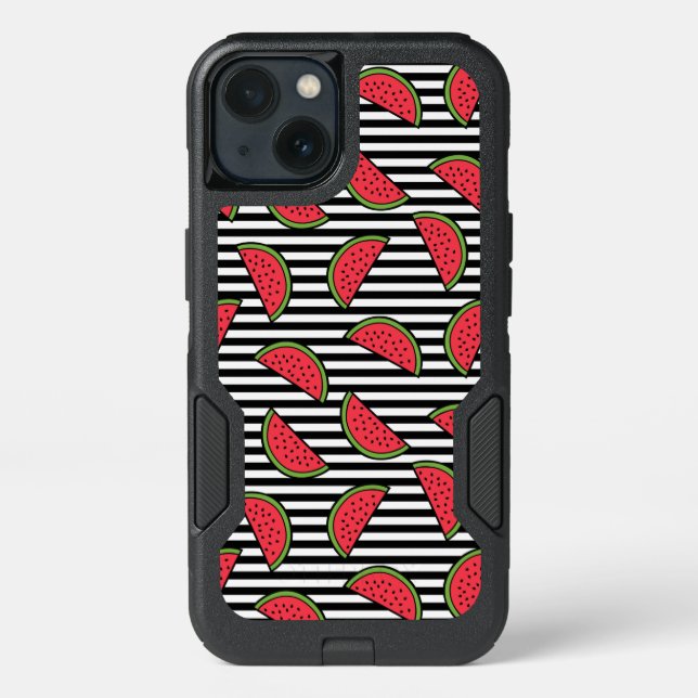 Watermelon on Black & White Stripes Pattern Otterbox iPhone Case (Back)