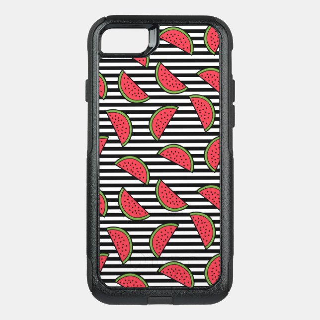 Watermelon on Black & White Stripes Pattern Otterbox iPhone Case (Back)