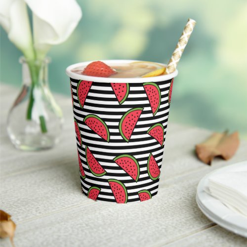 Watermelon on Black  White Stripes Pattern Paper Cups