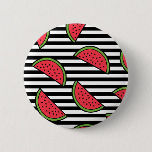 Watermelon on Black & White Stripes Pattern Pinback Button