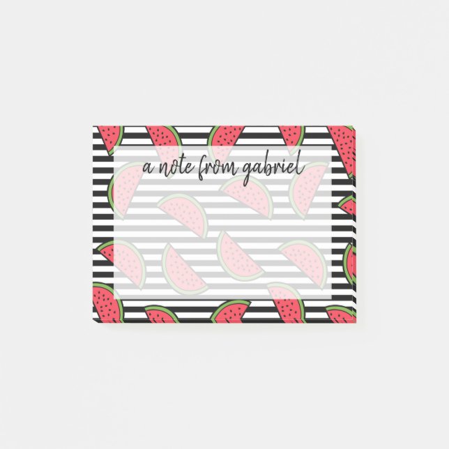 Watermelon on Black & White Stripes Pattern Post-it Notes (Front)