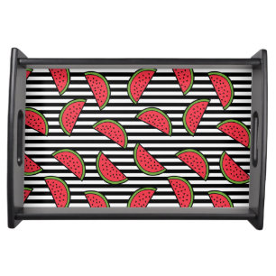 Watermelon on Black & White Stripes Pattern Serving Tray
