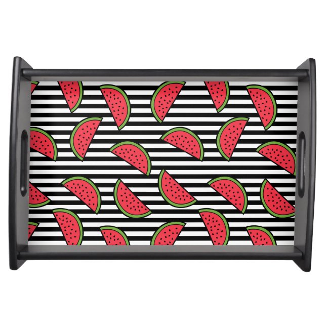 Watermelon on Black & White Stripes Pattern Serving Tray (Front)