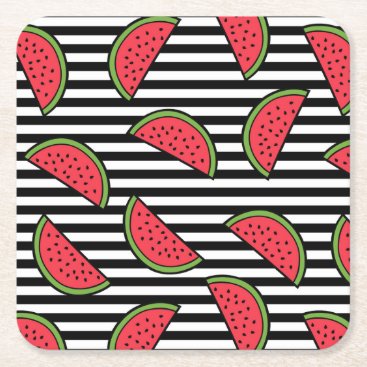 Watermelon on Black & White Stripes Pattern Square Paper Coaster Watermelon on Black & White Stripes Pattern Square Paper Coaster