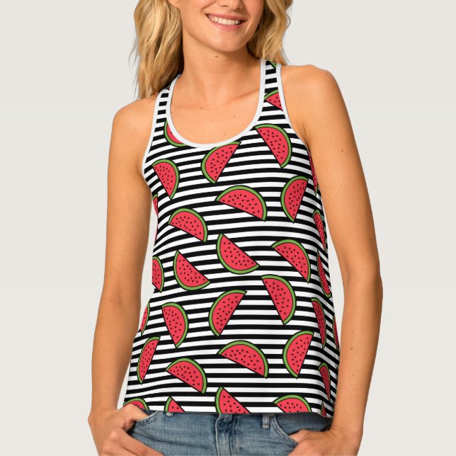 Watermelon on Black & White Stripes Pattern Tank Top (Front)