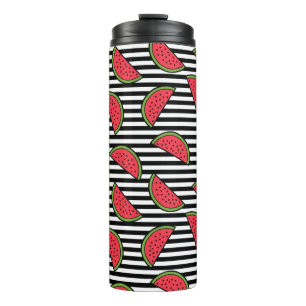 Watermelon on Black & White Stripes Pattern Thermal Tumbler