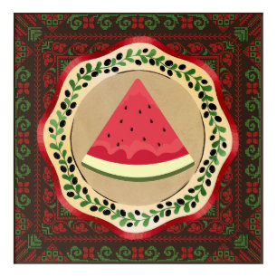 watermelon on olive plate with Palestinian tatreez Acrylic Print
