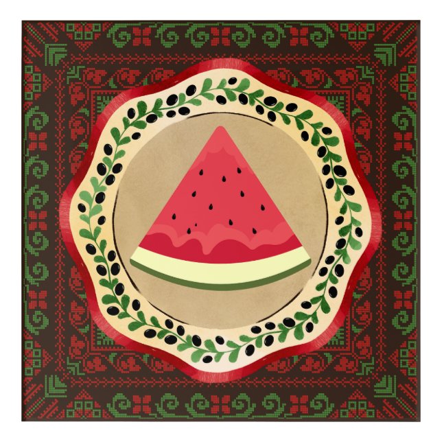 watermelon on olive plate with Palestinian tatreez Acrylic Print (Front)
