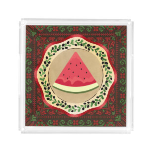 watermelon on olive plate with Palestinian tatreez Acrylic Tray