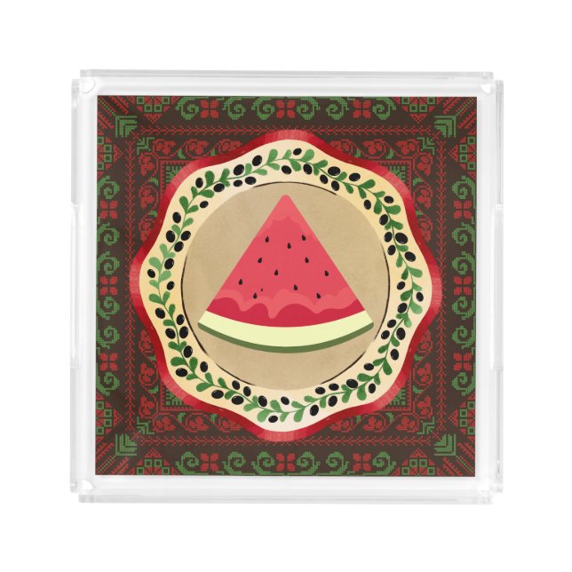 watermelon on olive plate with Palestinian tatreez Acrylic Tray (Front)
