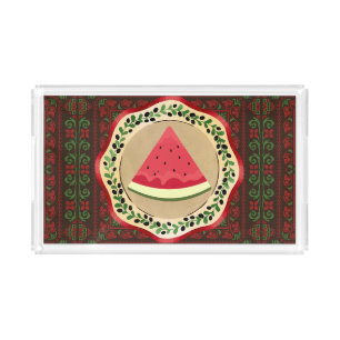 watermelon on olive plate with Palestinian tatreez Acrylic Tray