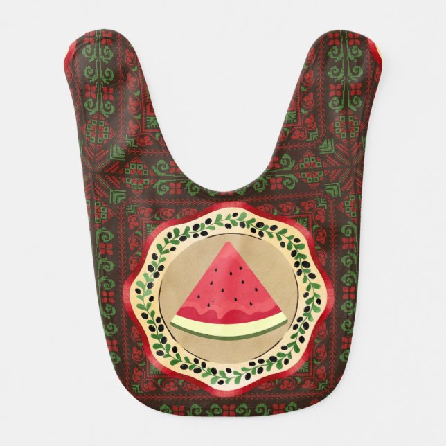 watermelon on olive plate with Palestinian tatreez Baby Bib (Front)