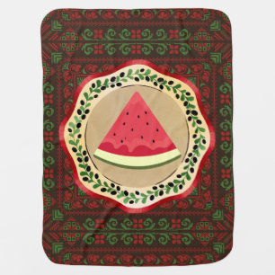 watermelon on olive plate with Palestinian tatreez Baby Blanket