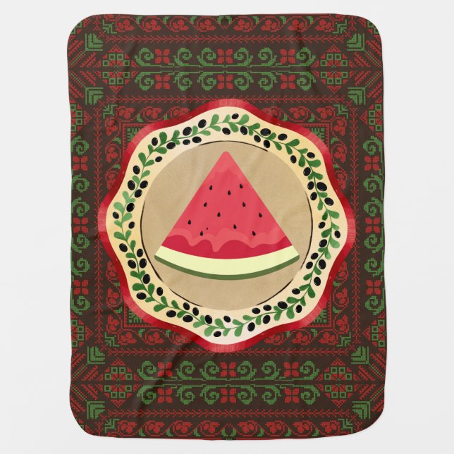 watermelon on olive plate with Palestinian tatreez Baby Blanket (Front)