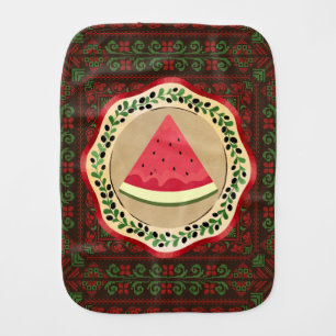 watermelon on olive plate with Palestinian tatreez Baby Burp Cloth