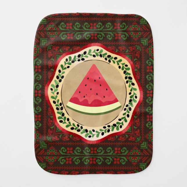 watermelon on olive plate with Palestinian tatreez Baby Burp Cloth (Front)