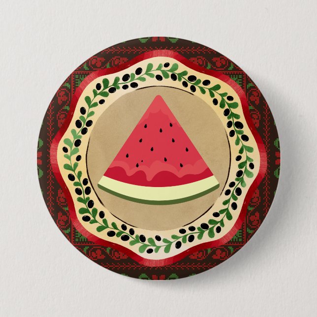 watermelon on olive plate with Palestinian tatreez Button (Front)