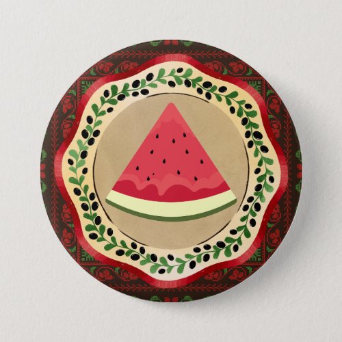 watermelon on olive plate with Palestinian tatreez Button