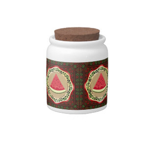 watermelon on olive plate with Palestinian tatreez Candy Jar