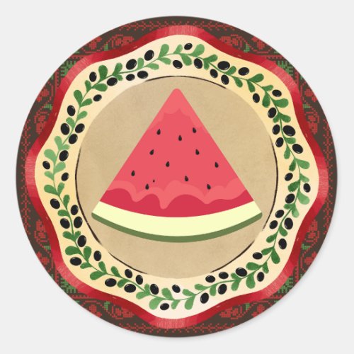 watermelon on olive plate with Palestinian tatreez Classic Round Sticker