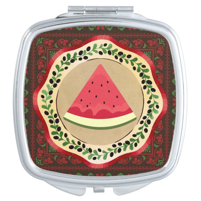 watermelon on olive plate with Palestinian tatreez Compact Mirror (Front)