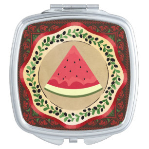 watermelon on olive plate with Palestinian tatreez Compact Mirror