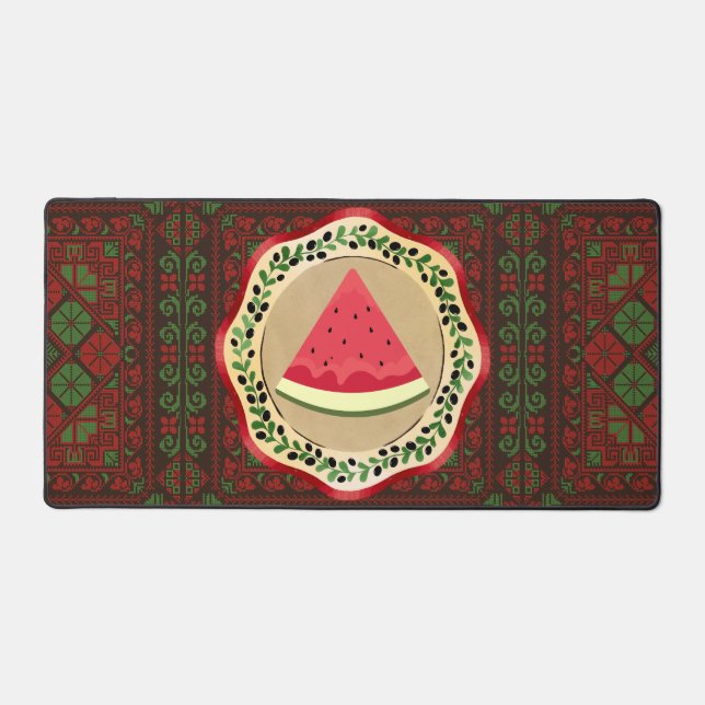 watermelon on olive plate with Palestinian tatreez Desk Mat (Front)
