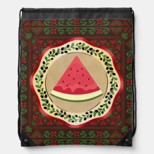 watermelon on olive plate with Palestinian tatreez Drawstring Bag