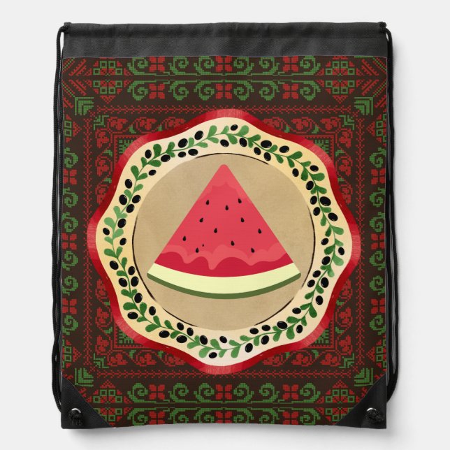 watermelon on olive plate with Palestinian tatreez Drawstring Bag (Front)