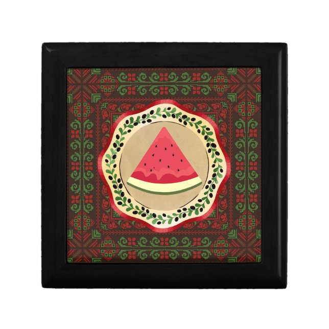 watermelon on olive plate with Palestinian tatreez Gift Box (Front)