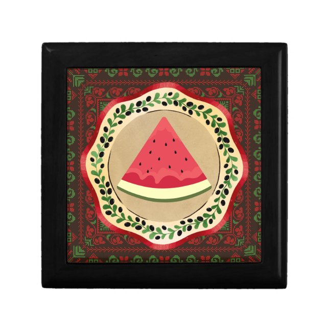 watermelon on olive plate with Palestinian tatreez Gift Box (Front)