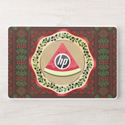 watermelon on olive plate with Palestinian tatreez HP Laptop Skin