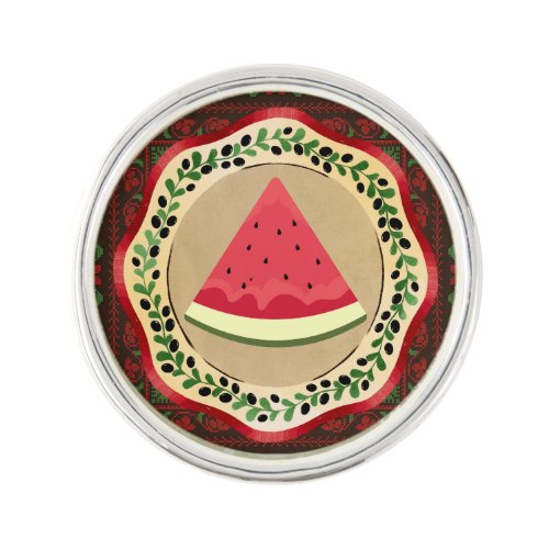 watermelon on olive plate with Palestinian tatreez Lapel Pin